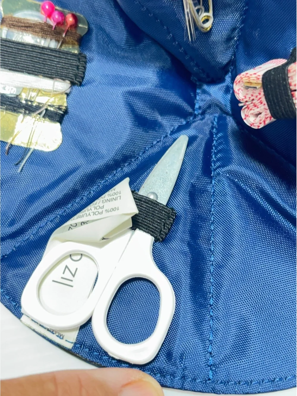 Liz Claiborne Compact Navy Blue Sewing Kit with Scissors, Tape Measure, and Pins